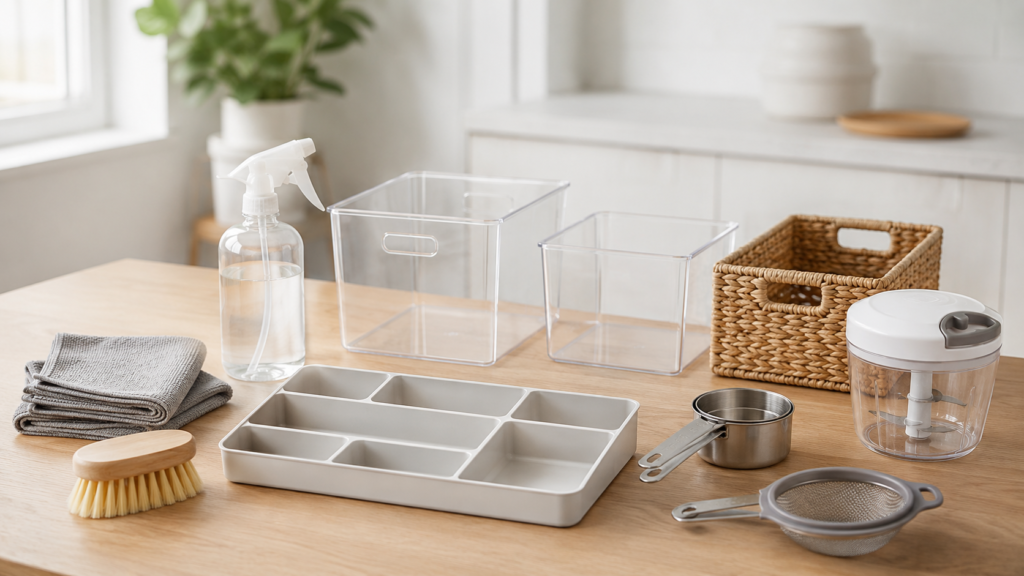 A clean original-style image showing a simple table with practical home tools, organizers, and kitchen items